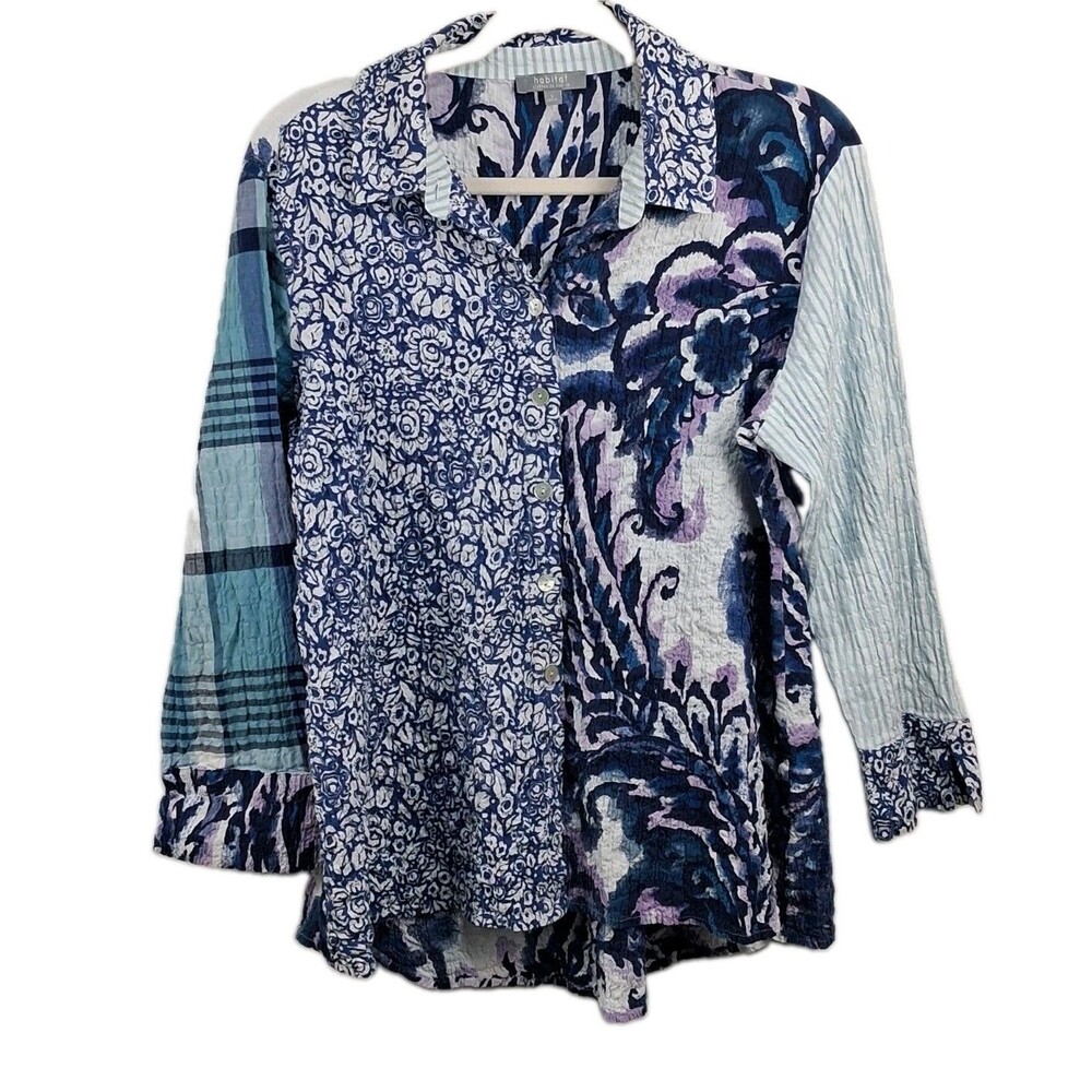 Artsy Patchwork Mixed Print Crinkle Shirt Habitat Women’s Size S Blue Purple
